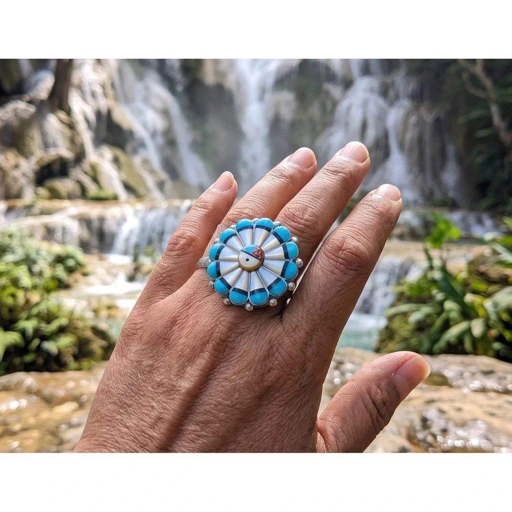 Zuni Cluster Ring sz 6.75 Handmade Women's Southwest Pueblo Signed Jewelry